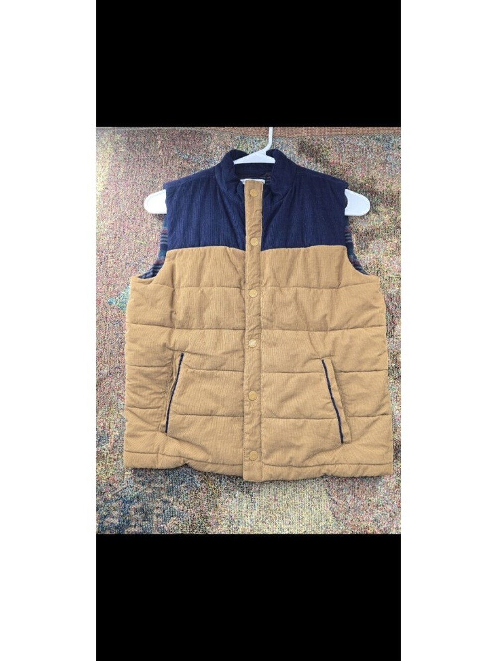 Vintage Tommy Bahama Youth XL 14 Corduroy Puffer Vest Blue Tan Plaid Lined